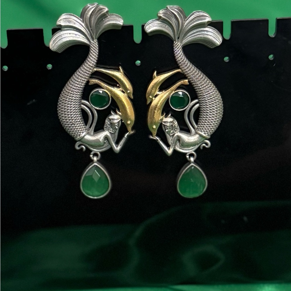 Silver and Gold Mermaid Earrings with Green Accents